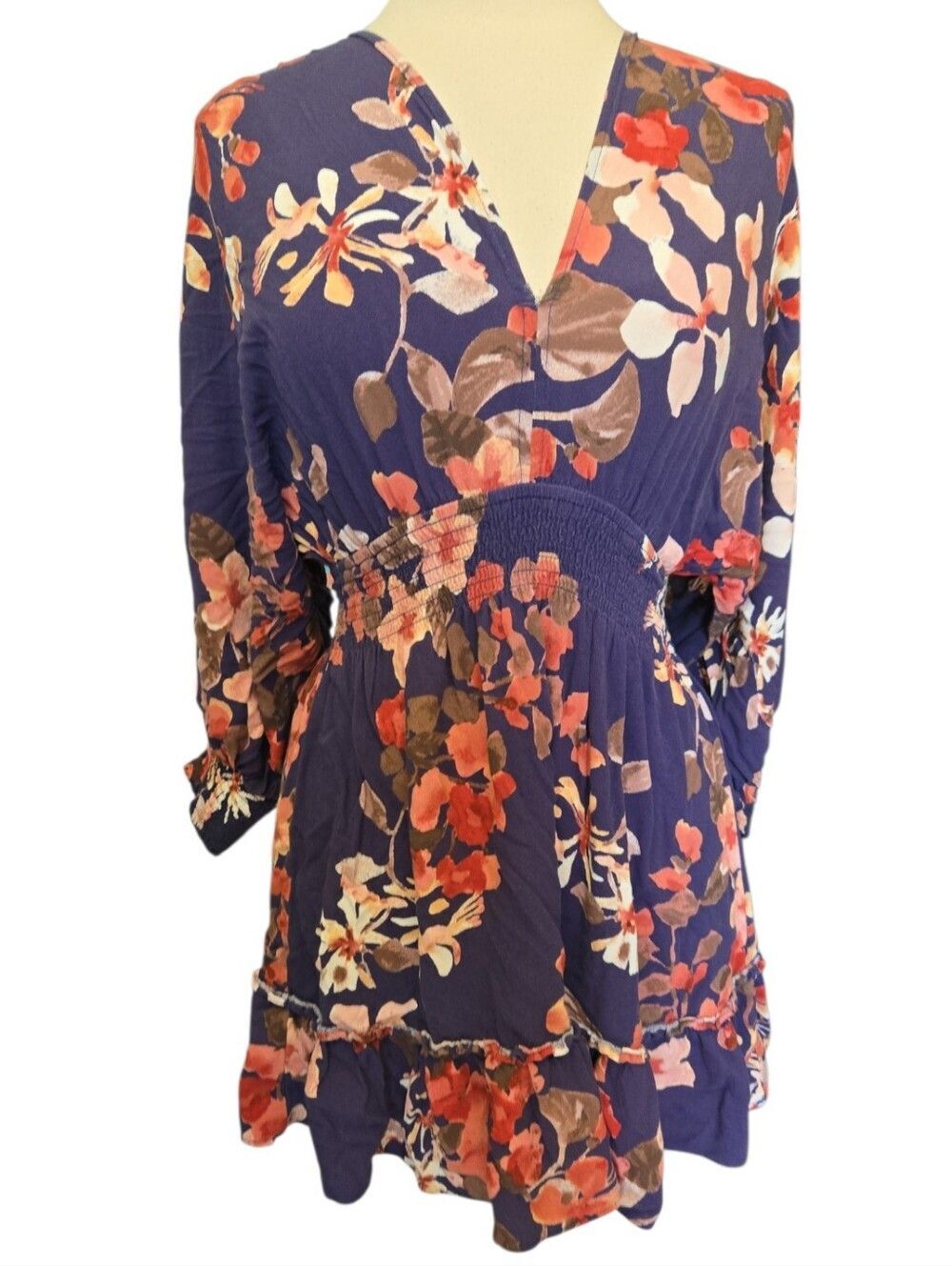 LOVESTITCH Floral Split Sleeve Smocked Waist Dress in Navy/Blush/Olive - S
